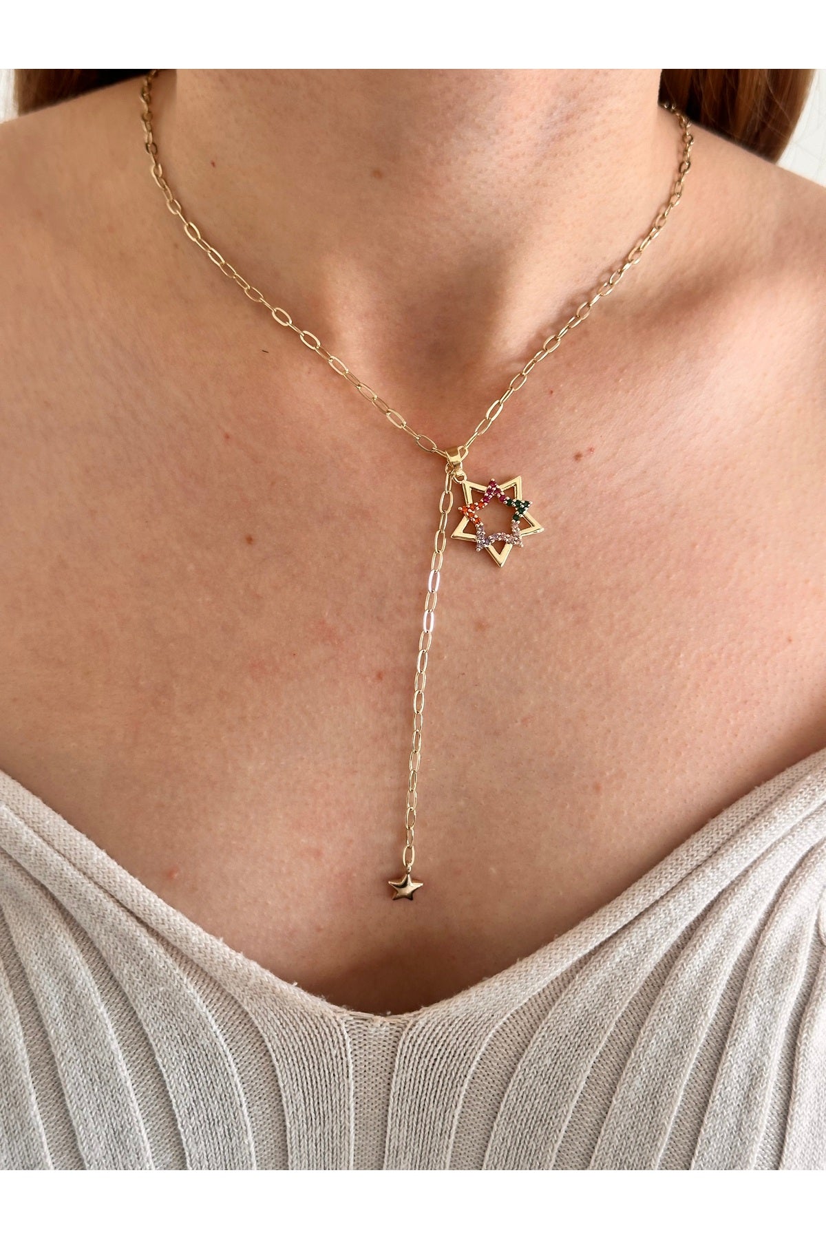 14K Çelik Üzeri Altın Kaplama Renkli Zirkon Taş Yıldız Y Kolye