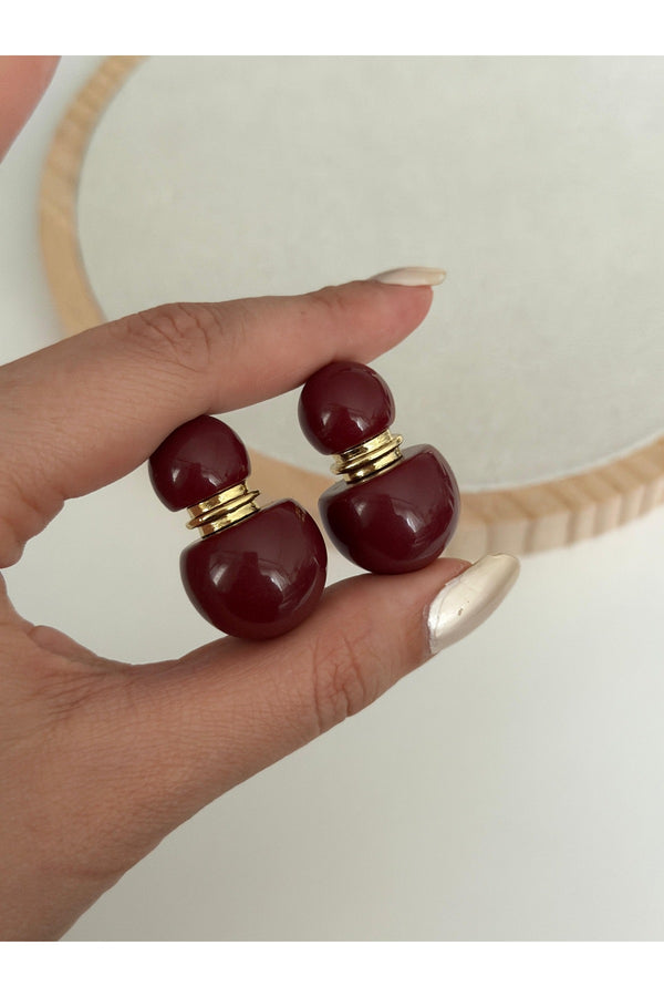 Çelik gold detaylı tofy bordo küpe