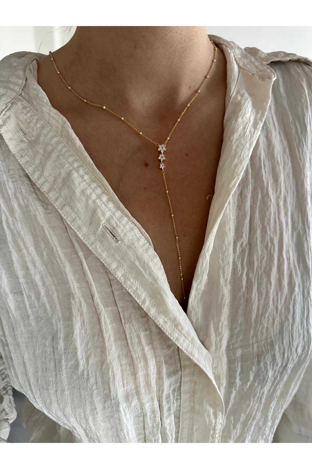 14K Çelik Üzeri Altın Kaplama Zirkon Taşlı Y Kolye