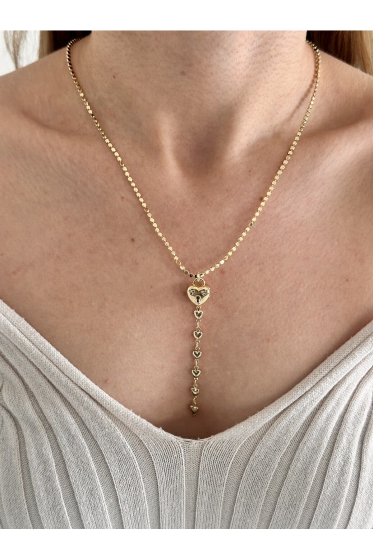 14k Çelik Üzeri Altın Kaplama Ezme Kalp Kilitli Y Kolye