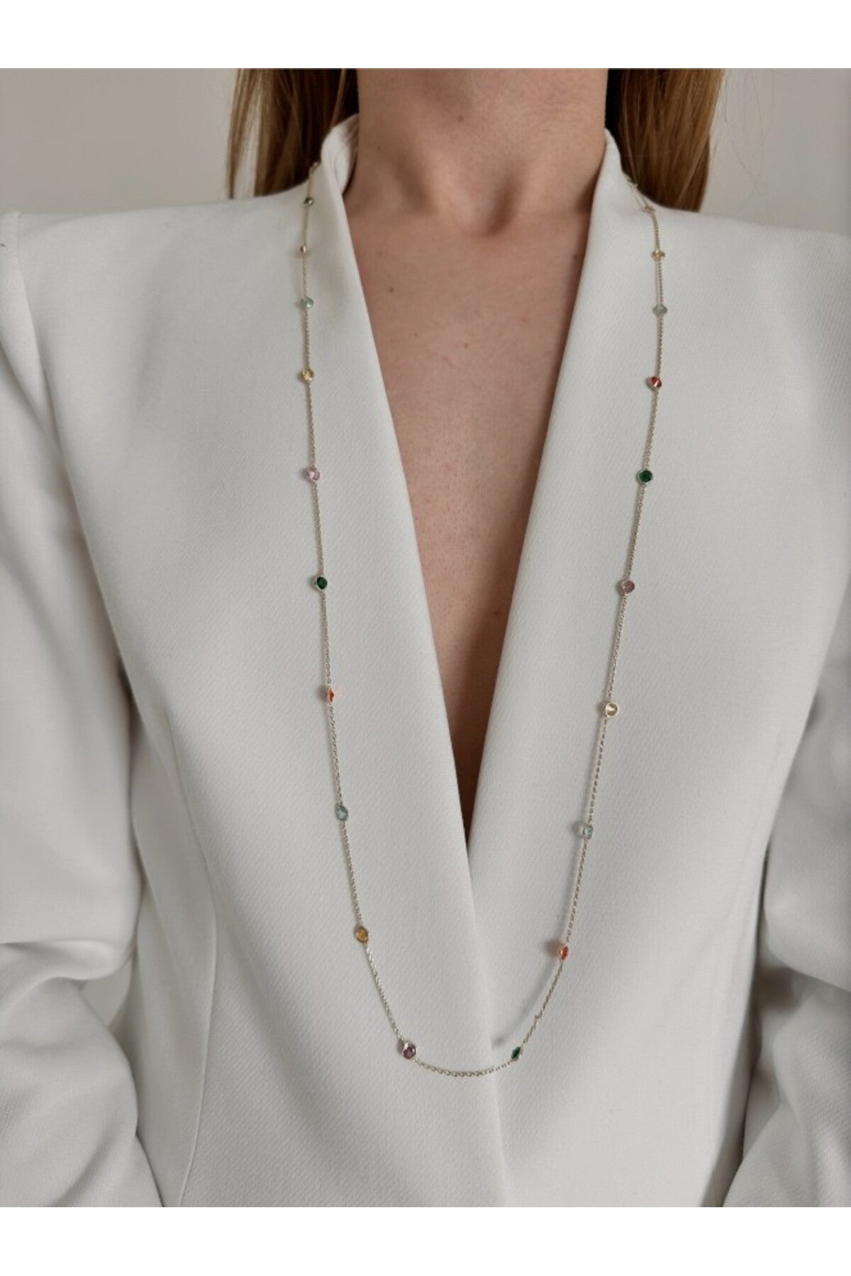 14k Çelik Üzeri Altın Kaplama Renkli Taşlı Özel Seriz 90 Cm Kolye