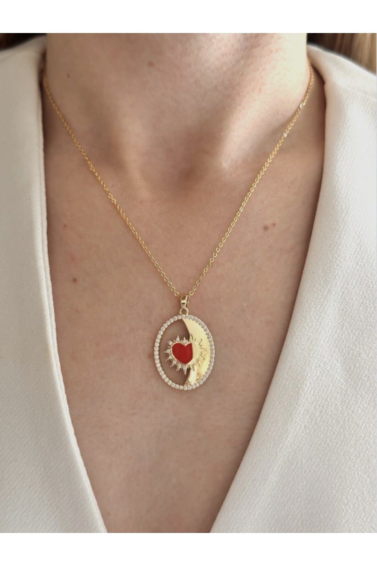 14K Çelik Üzeri Altın Kaplama Özel Seri Kırmızı Kalp Kolye