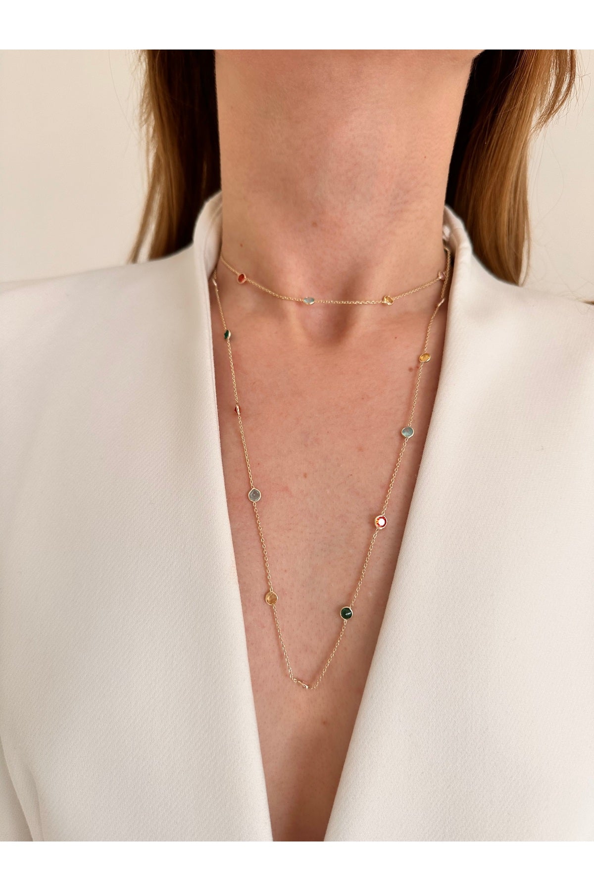 Çelik üzeri altın kaplama renkli zirkon taşlı 90 cm zincir kolye