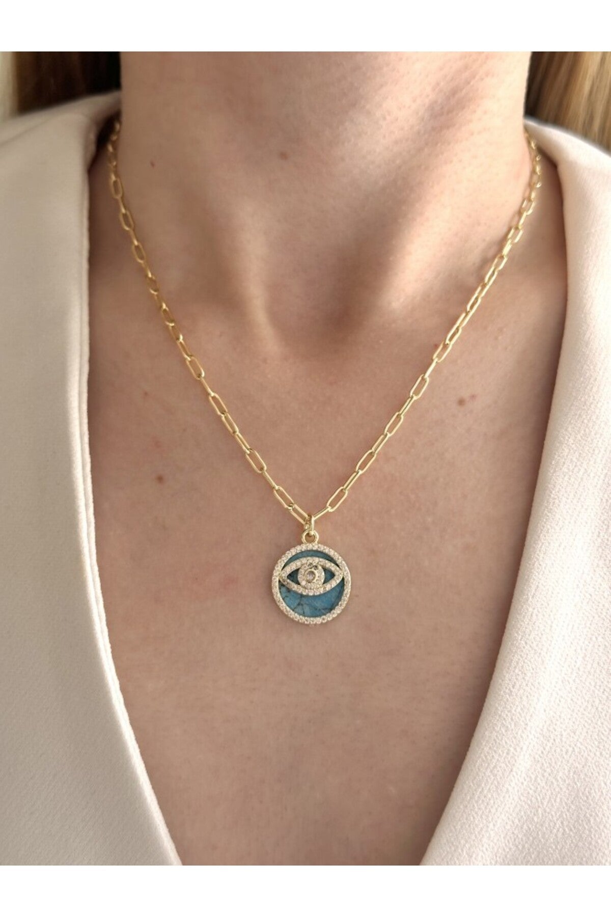 14k Çelik Üzeri Altın Kaplama Yuvarlak Göz Kolye