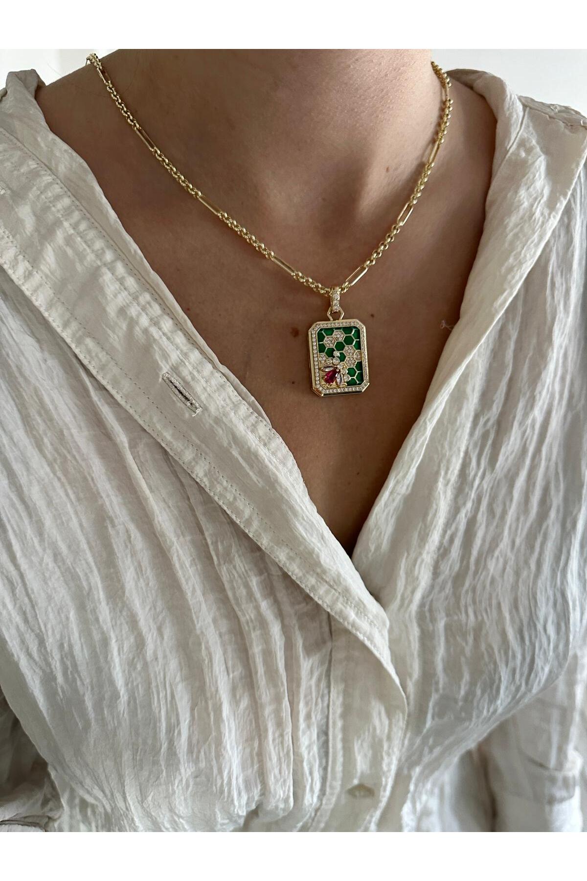 14K Çelik Üzeri Altın Kaplama Kare Zirkon Taşlı Kolye