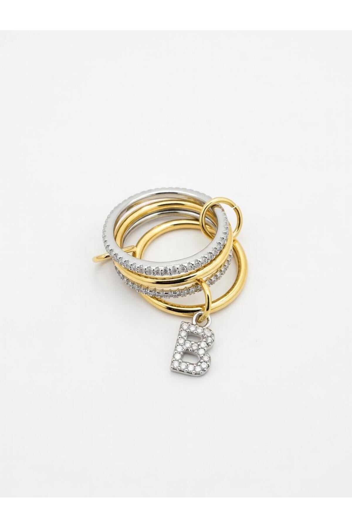 14K Çelik Üzeri Altın Kaplama 4 Sıralı Gold Gümüş Harfli Spiral Yüzük 16(8) Numara