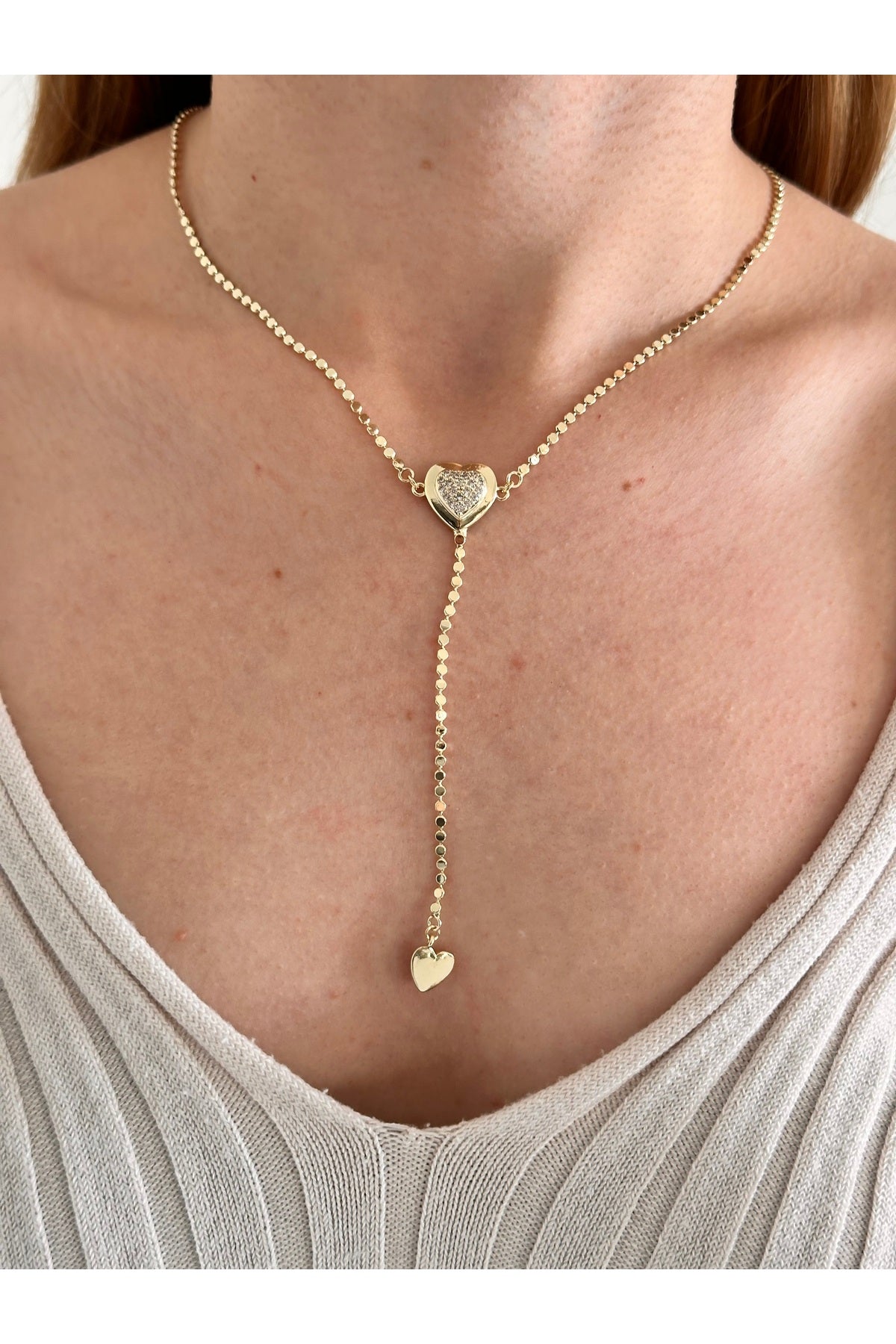 14K Çelik Üzeri Altın Kaplama Ezme Zincir Kalp Y Kolye