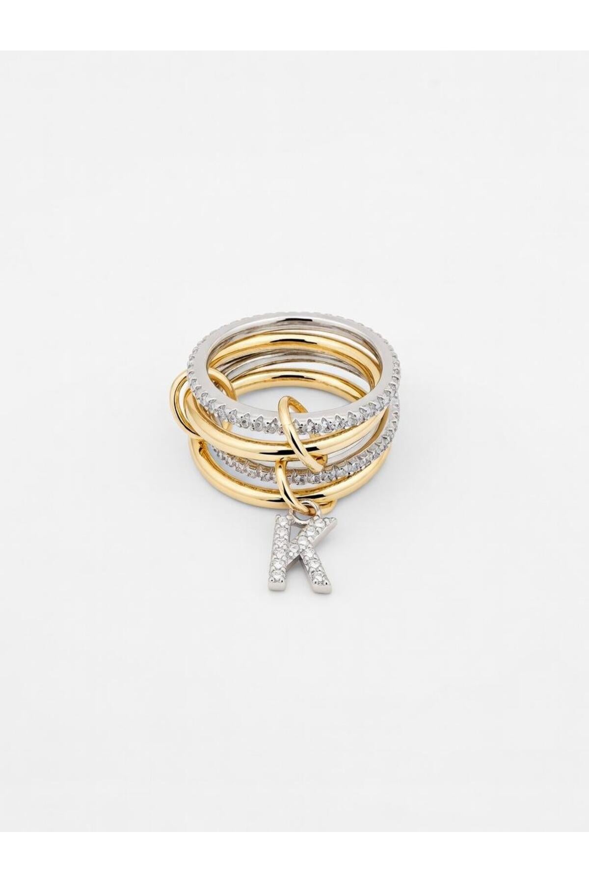 14K Çelik Üzeri Altın Kaplama 4 Sıralı Gold Gümüş Harfli Spiral Yüzük 16(8) Numara