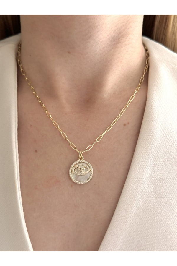 14k Çelik Üzeri Altın Kaplama Yuvarlak Göz Kolye