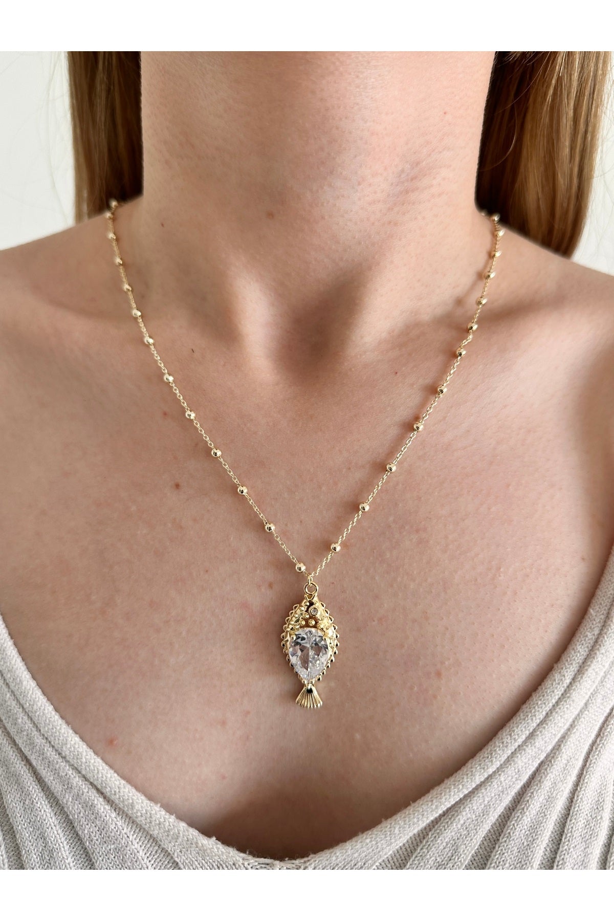 14K Altın Kaplama Kristal Taş Balık Kolye