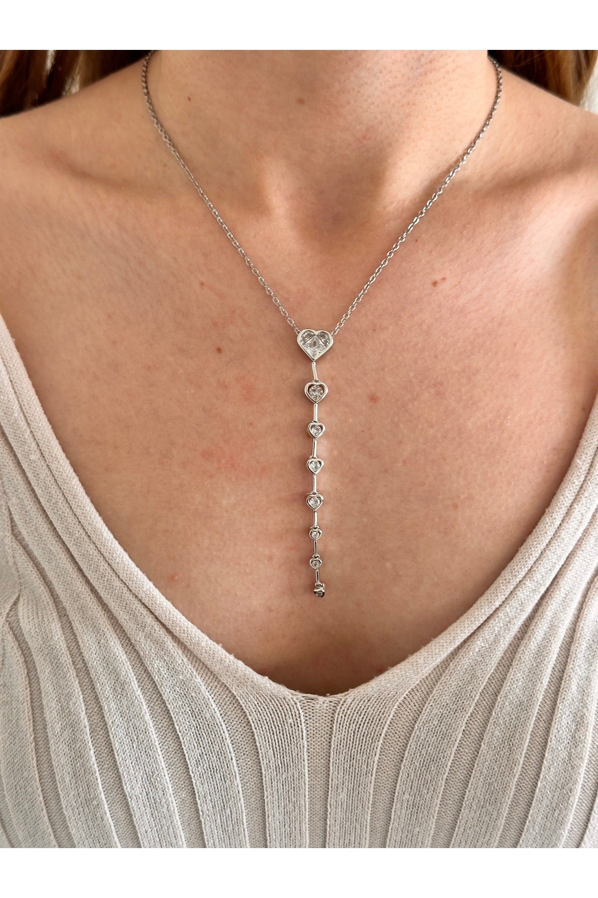 14K Çelik Üzeri Rodyum Kaplama Zirkon Taş Beyaz Kalp Y Kolye