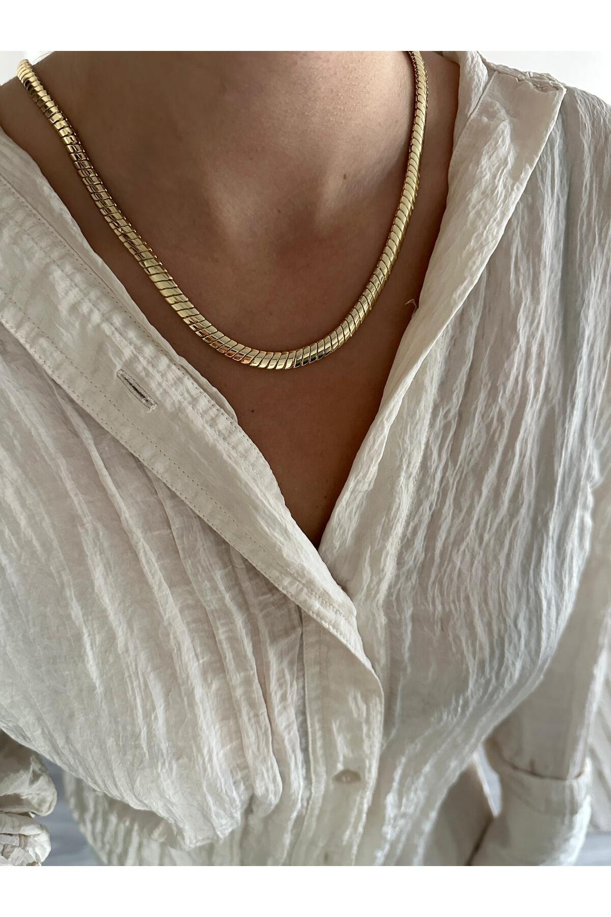 14K Çelik Üzeri Altın Kaplama 60 cm Kuyumcu İşçiliği Yassı Zincir Kolye