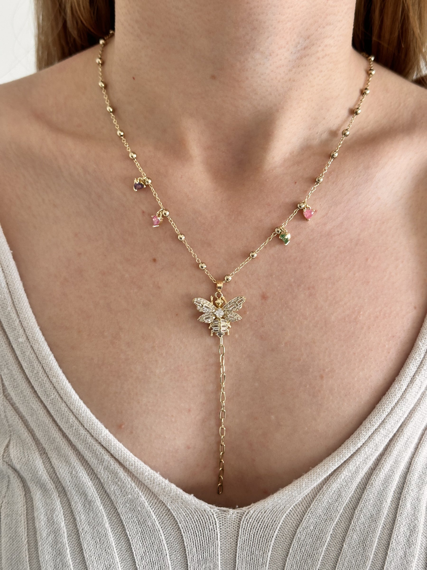 14K Çelik Üzeri Altın Kaplama Renkli Zirkon Taş Kelebek Y Kolye