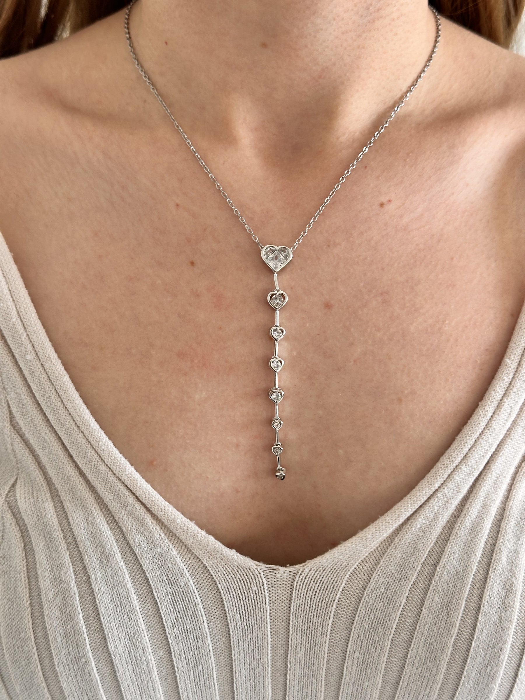 14K Çelik Üzeri Rodyum Kaplama Zirkon Taş Beyaz Kalp Y Kolye