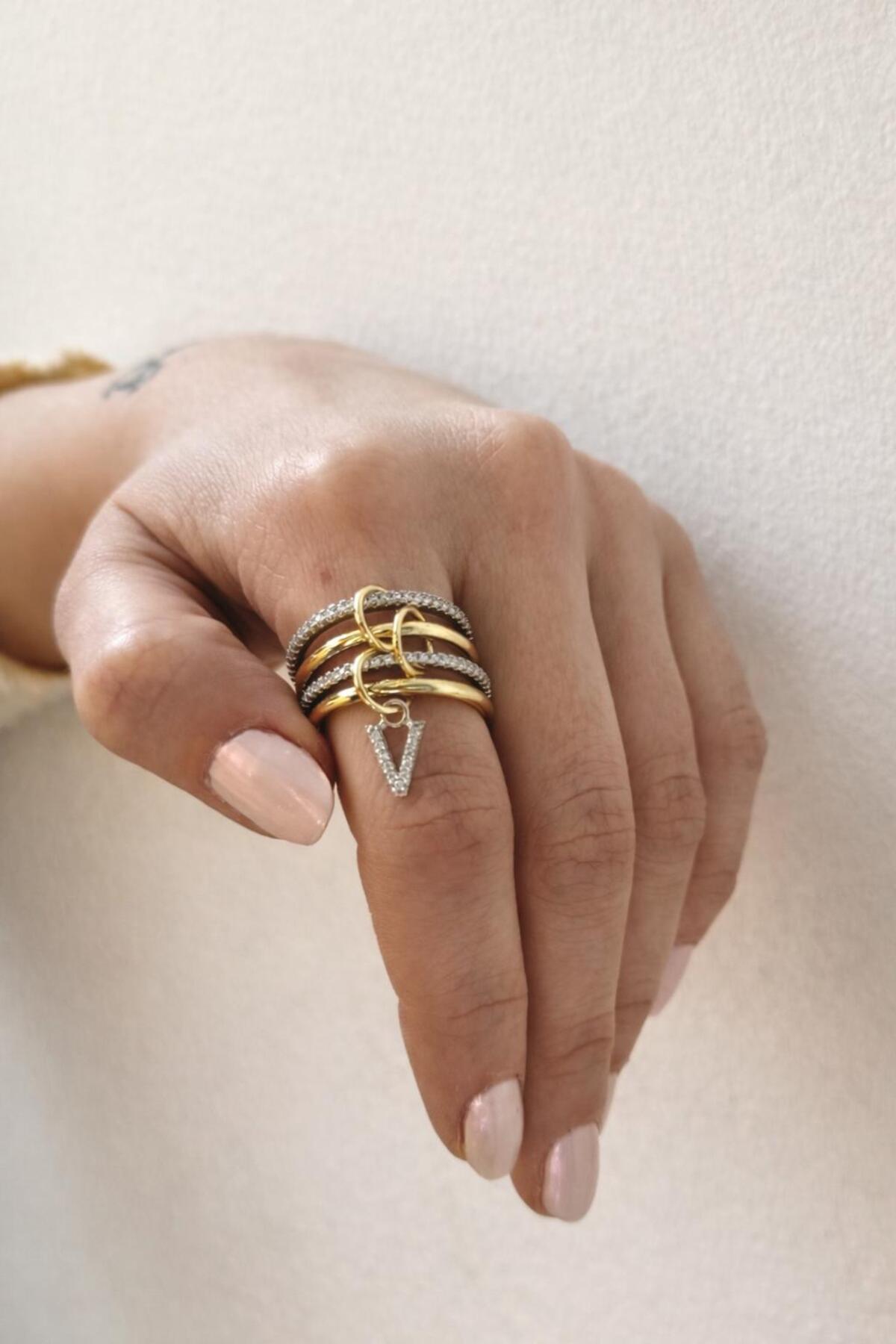 14K Çelik Üzeri Altın Kaplama 4 Sıralı Gold Gümüş Harfli Sipiral Yüzük 16(8) Numara