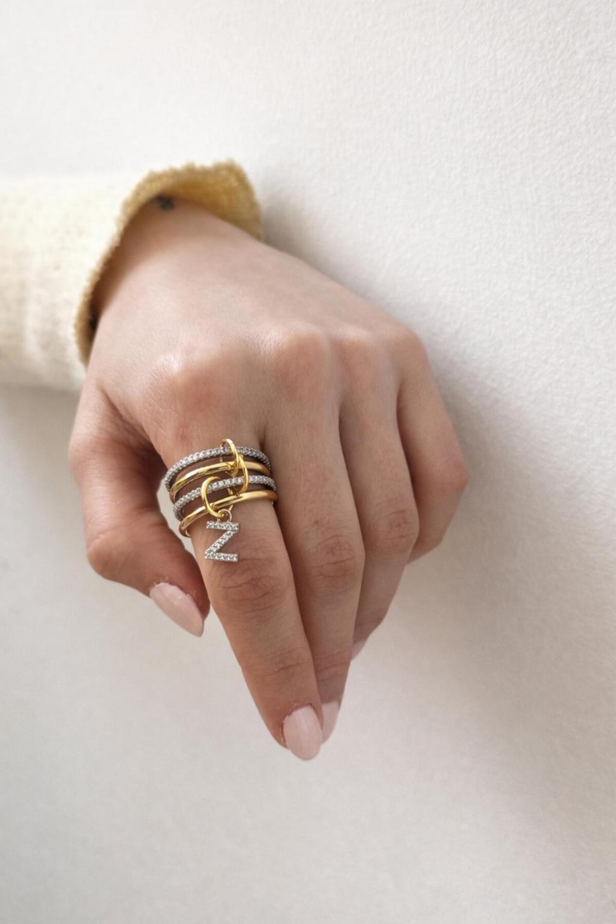 14K Çelik Üzeri Altın Kaplama 4 Sıralı Gold Gümüş Harfli Spiral Yüzük 16(8) Numara