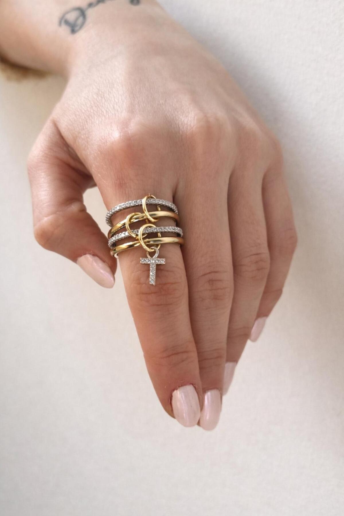 14K Çelik Üzeri Altın Kaplama 4 Sıralı Gold Gümüş Harfli Spiral Yüzük 16(8) Numara