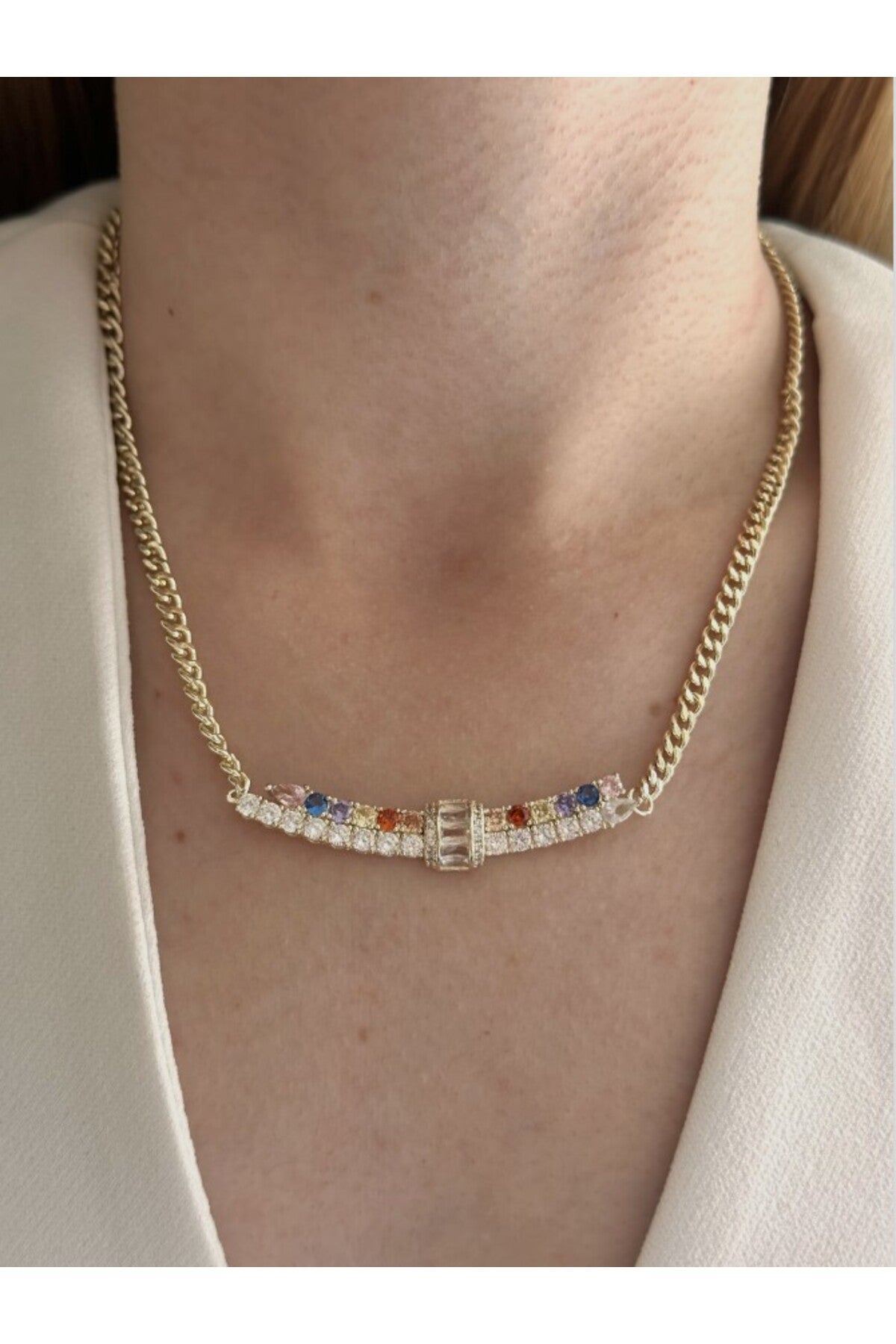 14K Çelik Üzeri Altın Kaplama Çift Renkli Zirkon Taş Kolye