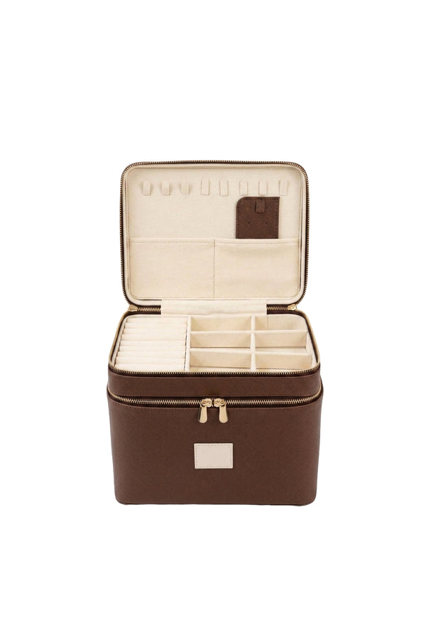 Kahverengi suni deri makyaj ve takı çantası organizer box