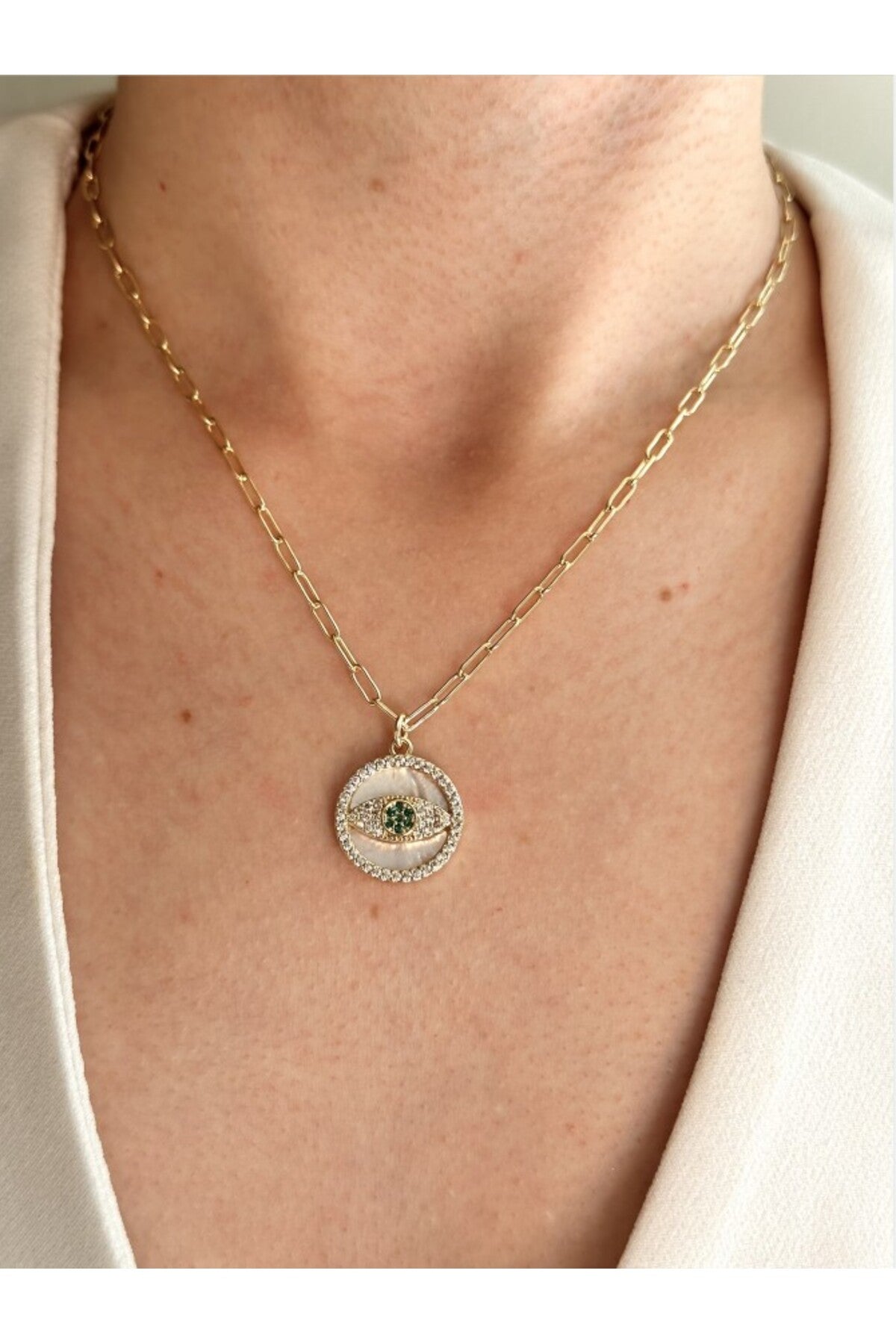 14k Çelik Üzeri Altın Kaplama Yuvarlak Göz Kolye