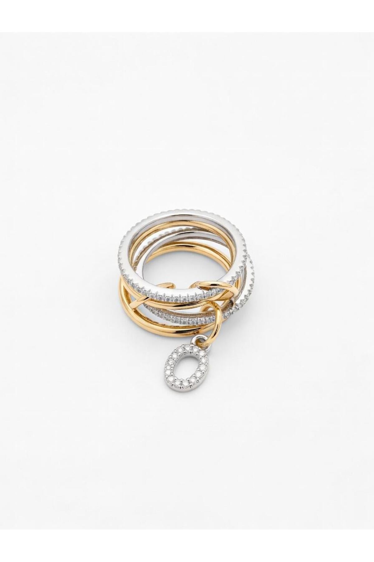 14K Çelik Üzeri Altın Kaplama 4 Sıralı Gold Gümüş Harfli Spiral Yüzük 16(8) Numara