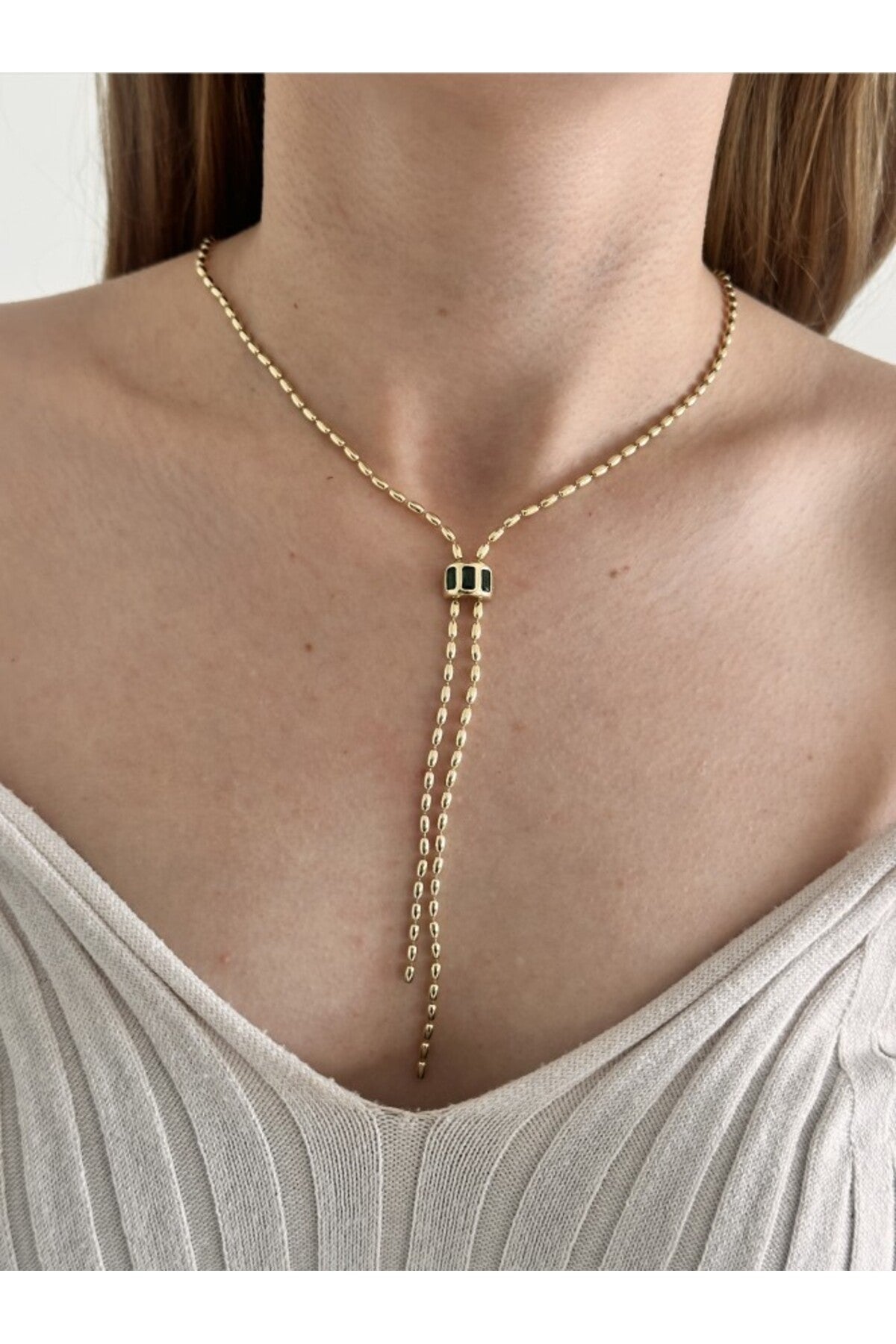 14K Çelik Üzeri Altın Kaplama Yeşil Taşlı Y Kolye