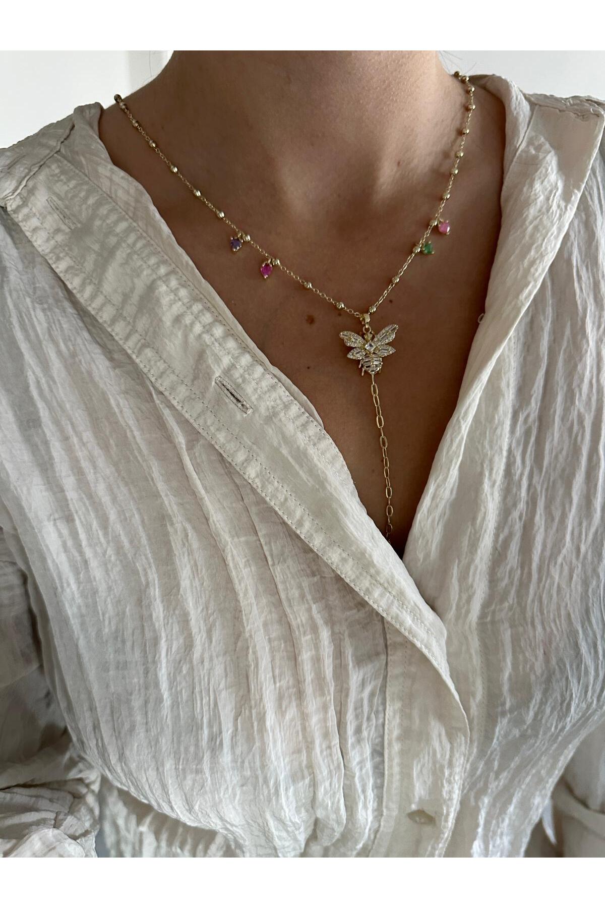 14K Çelik Üzeri Altın Kaplama Renkli Zirkon Taş Kelebek Y Kolye