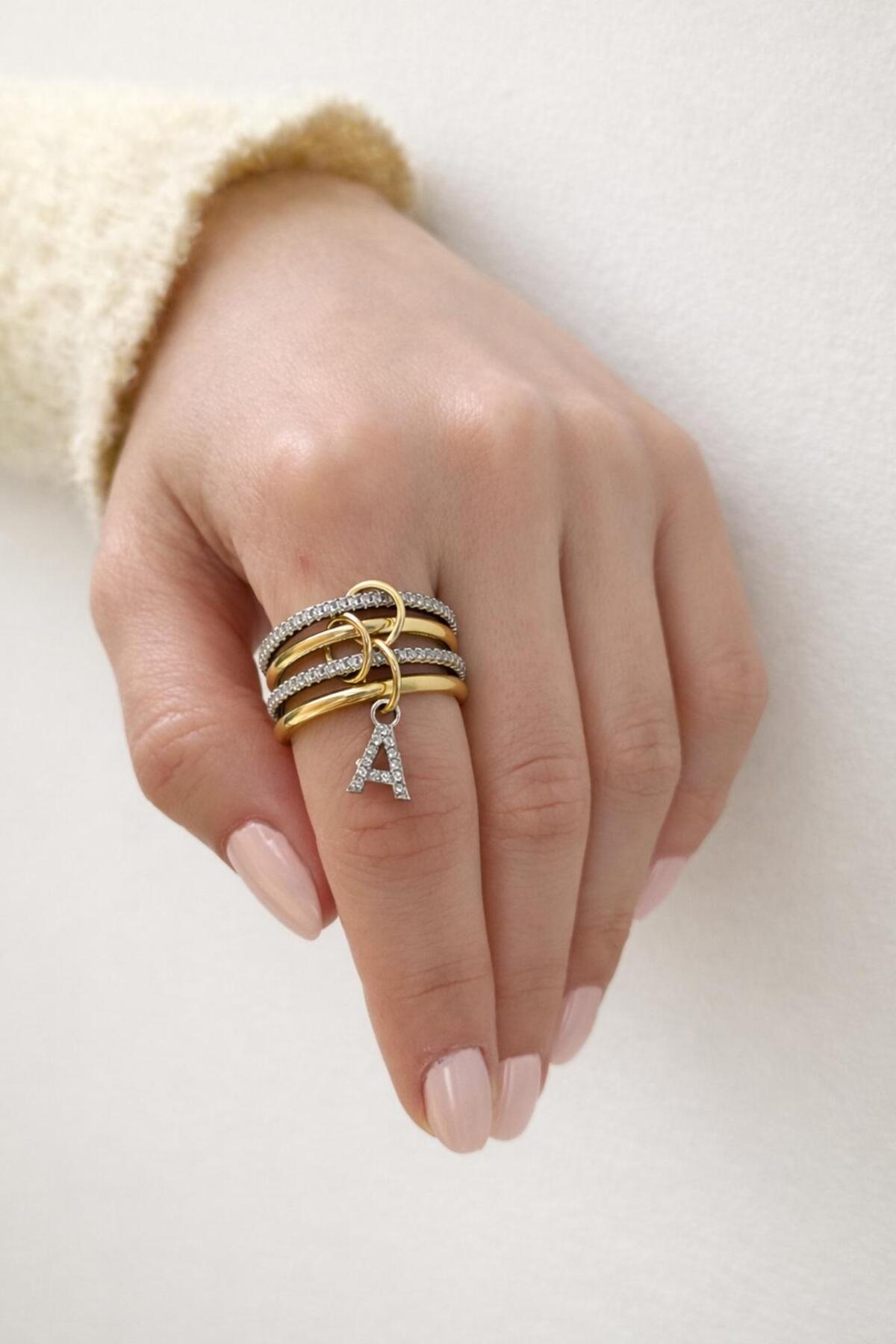 14K Çelik Üzeri Altın Kaplama 4 Sıralı Gold Gümüş Harfli Spiral Yüzük 16(8) Numara