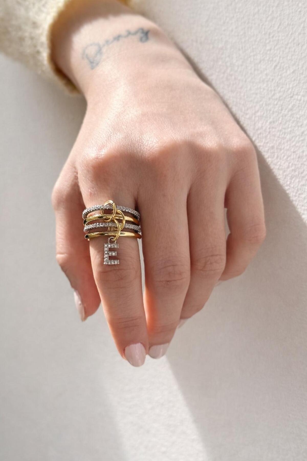 14K Çelik Üzeri Altın Kaplama 4 Sıralı Gold Gümüş Harfli Spiral Yüzük 16(8) Numara