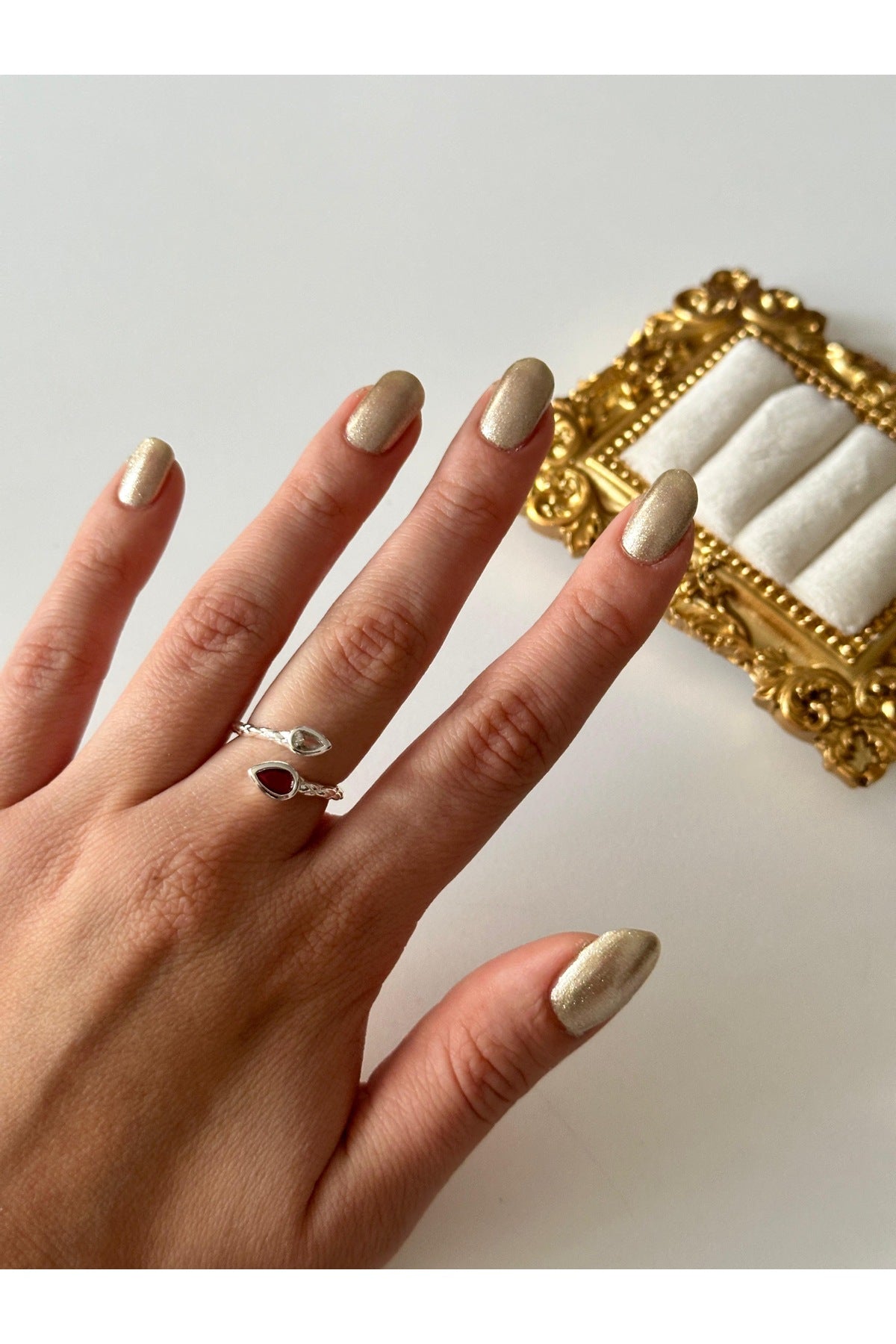 Çelik damla pembe taşlı yüzük ayarlanabilir