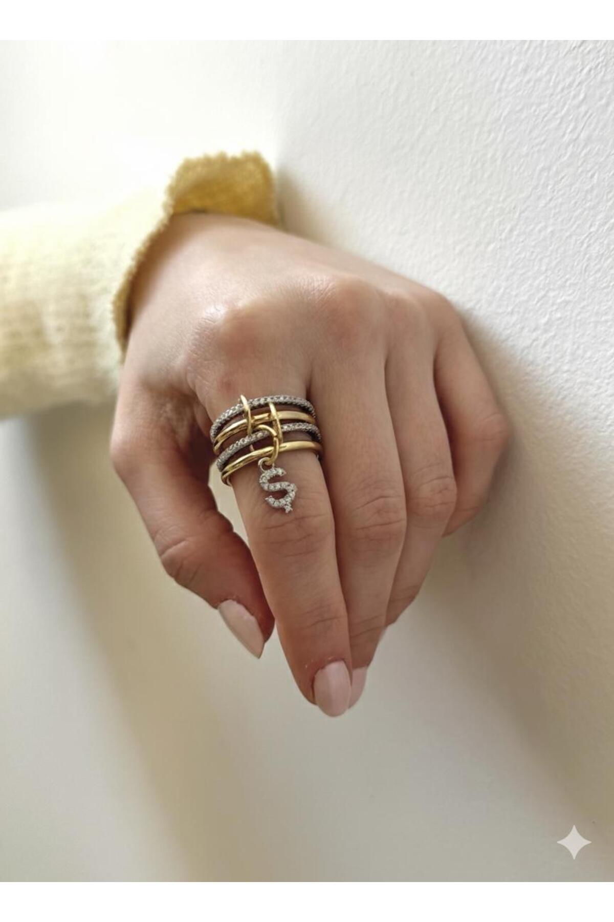 14K Çelik Üzeri Altın Kaplama 4 Sıralı Gold Gümüş Harfli Spiral Yüzük 16(8) Numara