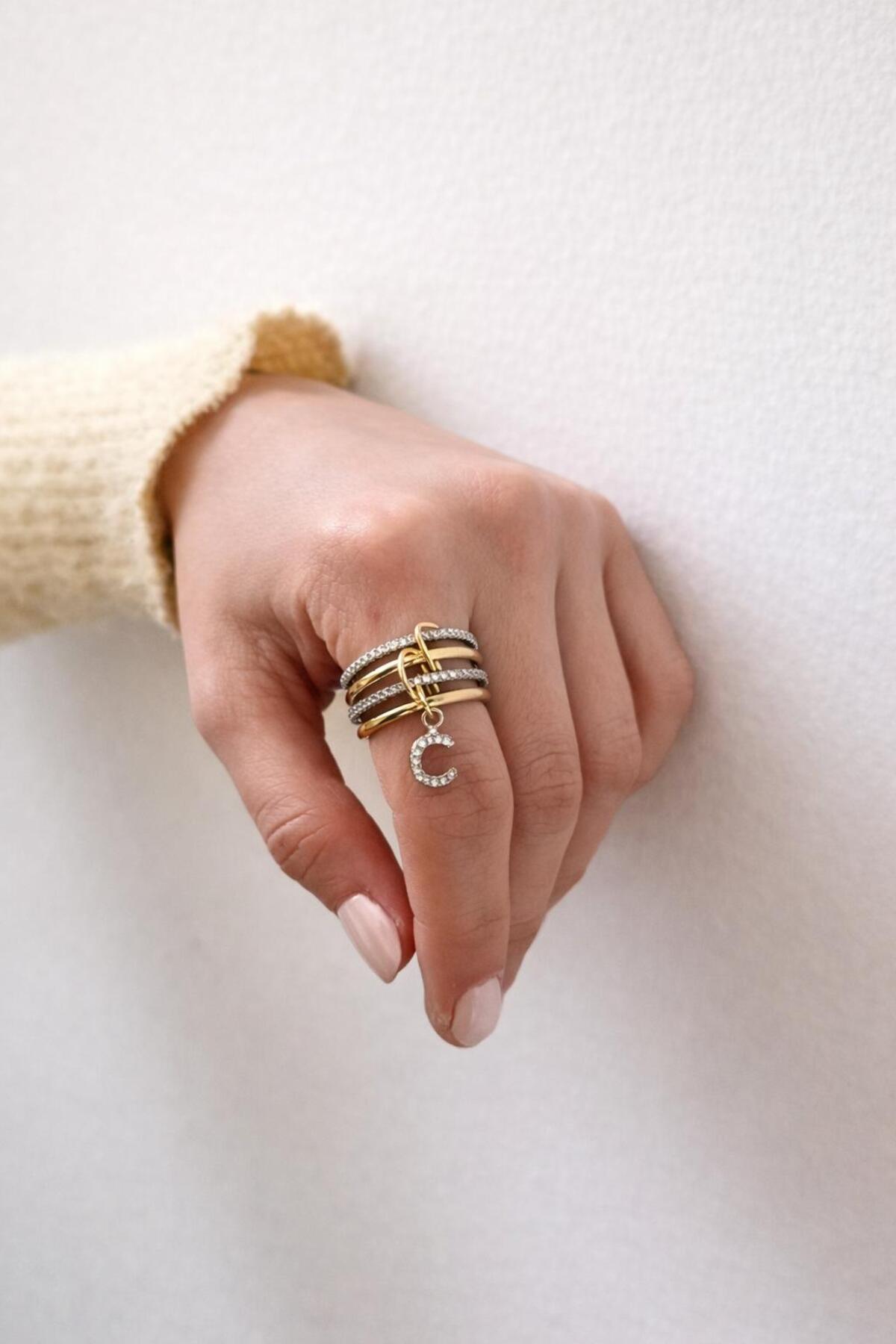 14K Çelik Üzeri Altın Kaplama 4 Sıralı Gold Gümüş Harfli Spiral Yüzük 16(8) Numara