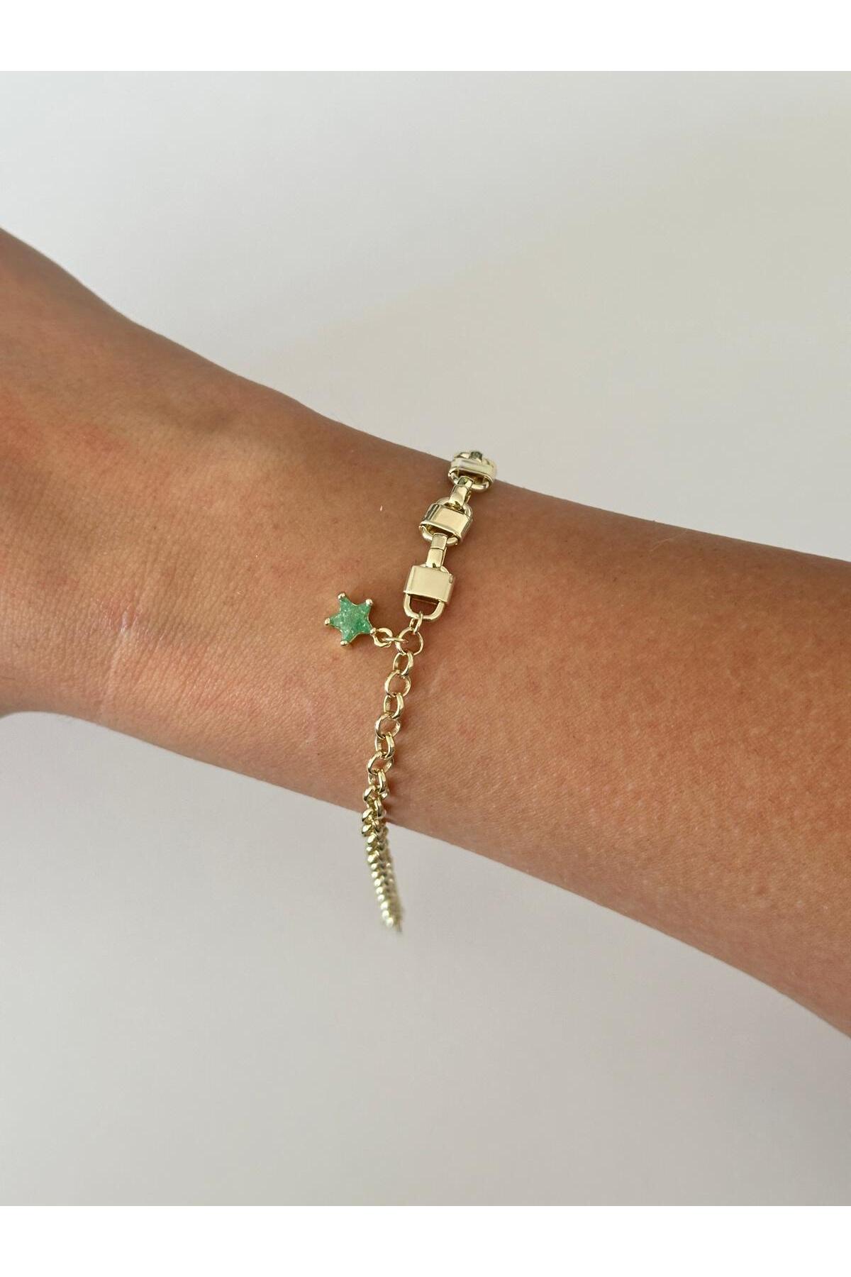 14K Çelik Üzeri Altın Kaplama Özel Seri Yeşil Yıldız Bileklik