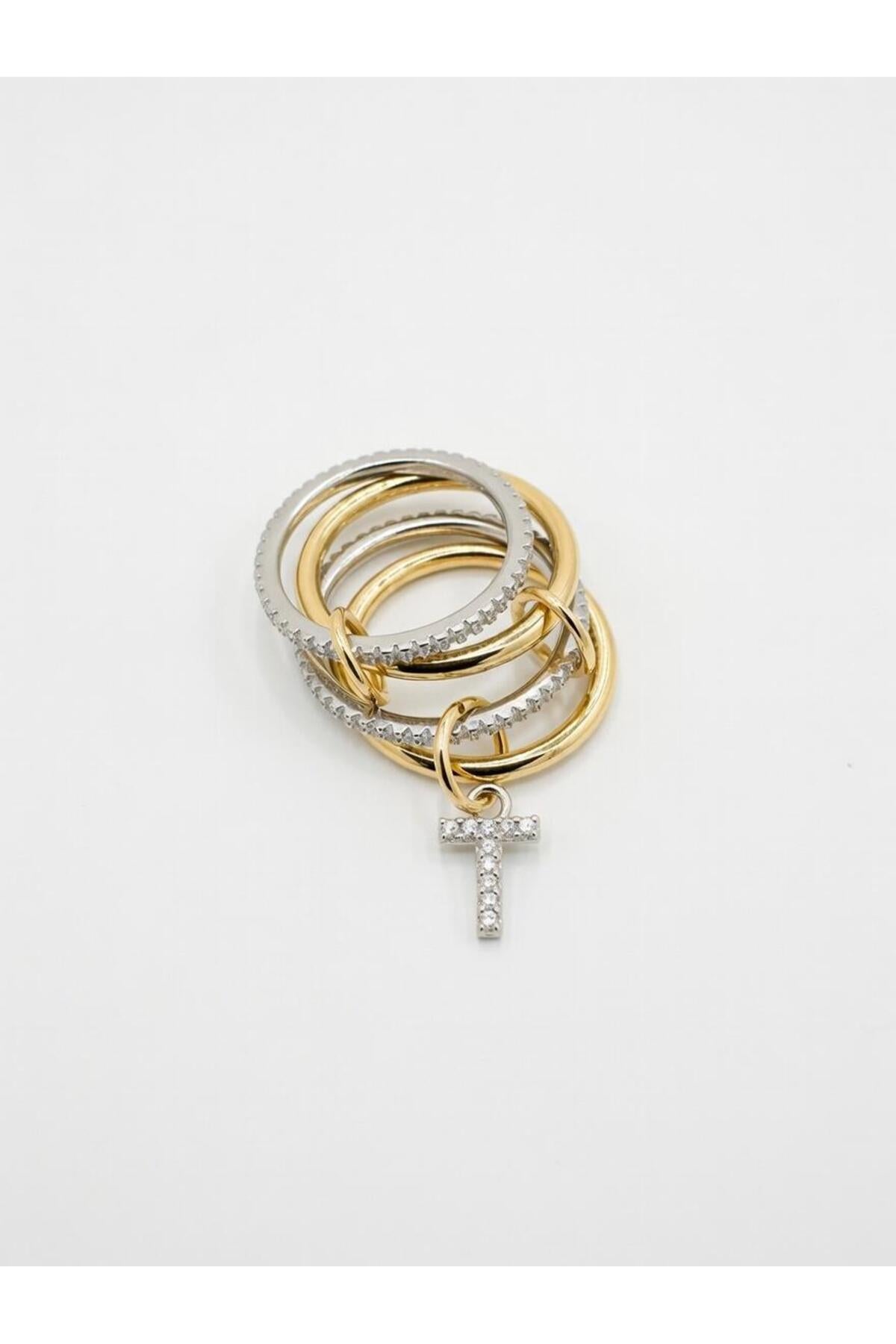 14K Çelik Üzeri Altın Kaplama 4 Sıralı Gold Gümüş Harfli Spiral Yüzük 16(8) Numara