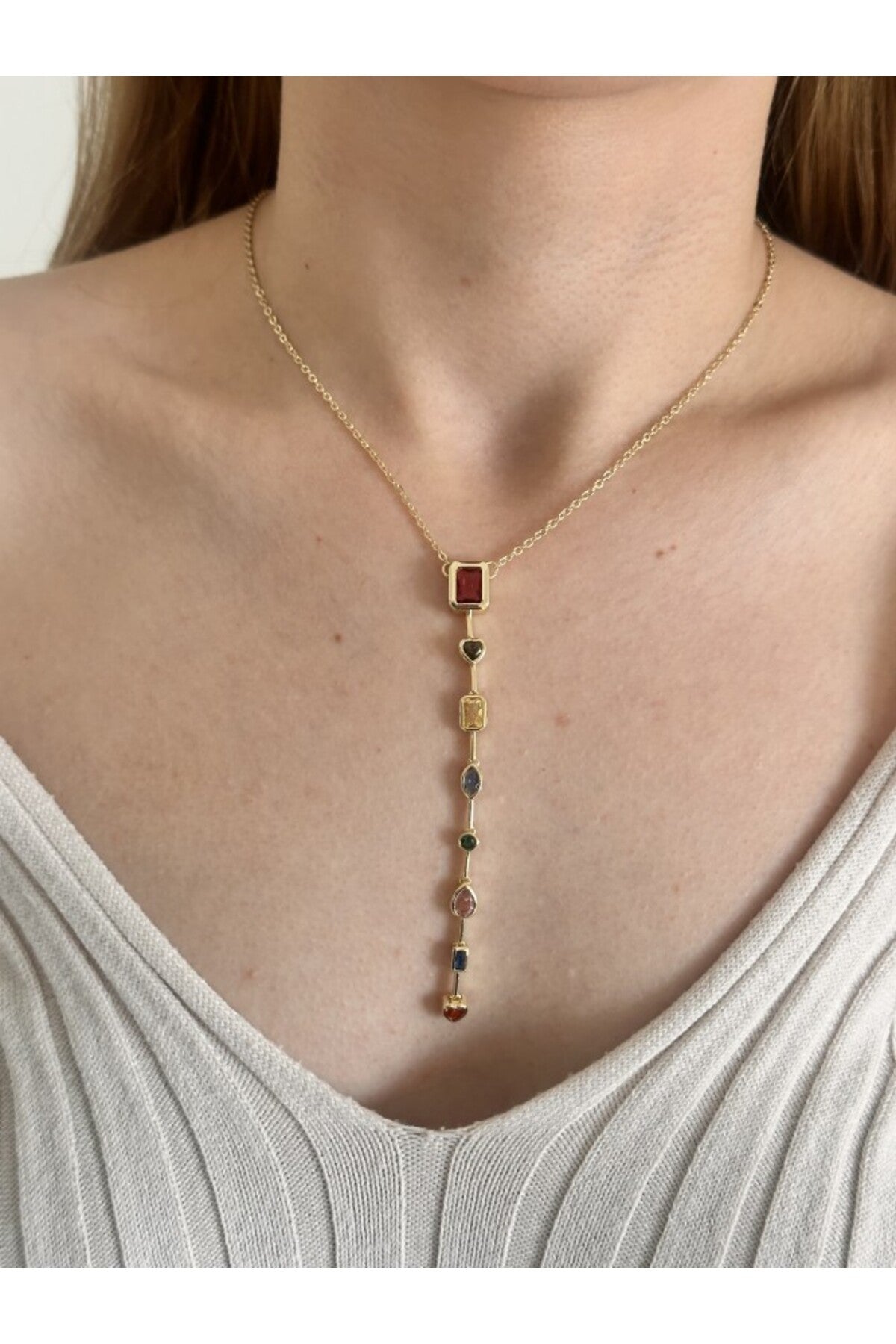 14K Çelik Üzeri Altın Kaplama Renkli Zirkon Taşlı Kare Y Kolye