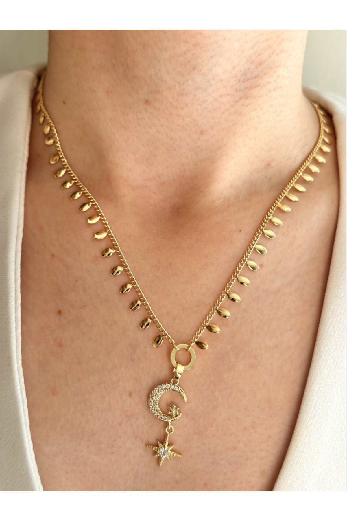 14K Çelik Üzeri Altın Kaplama Özel Seri Pul Zincir Ay Yıldız Kolye