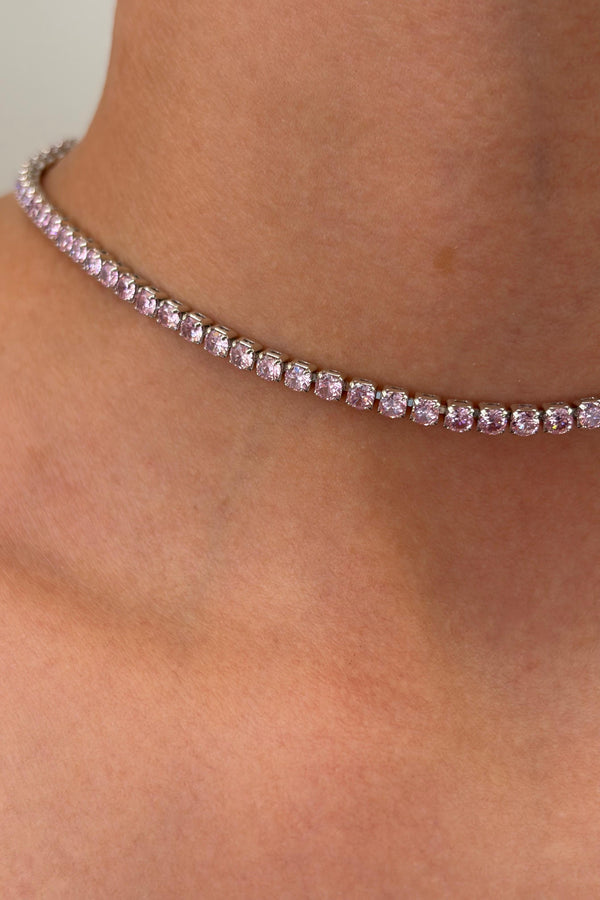 Çelik Zirkon Su Yolu Asansörlü Choker Kolye Pembe