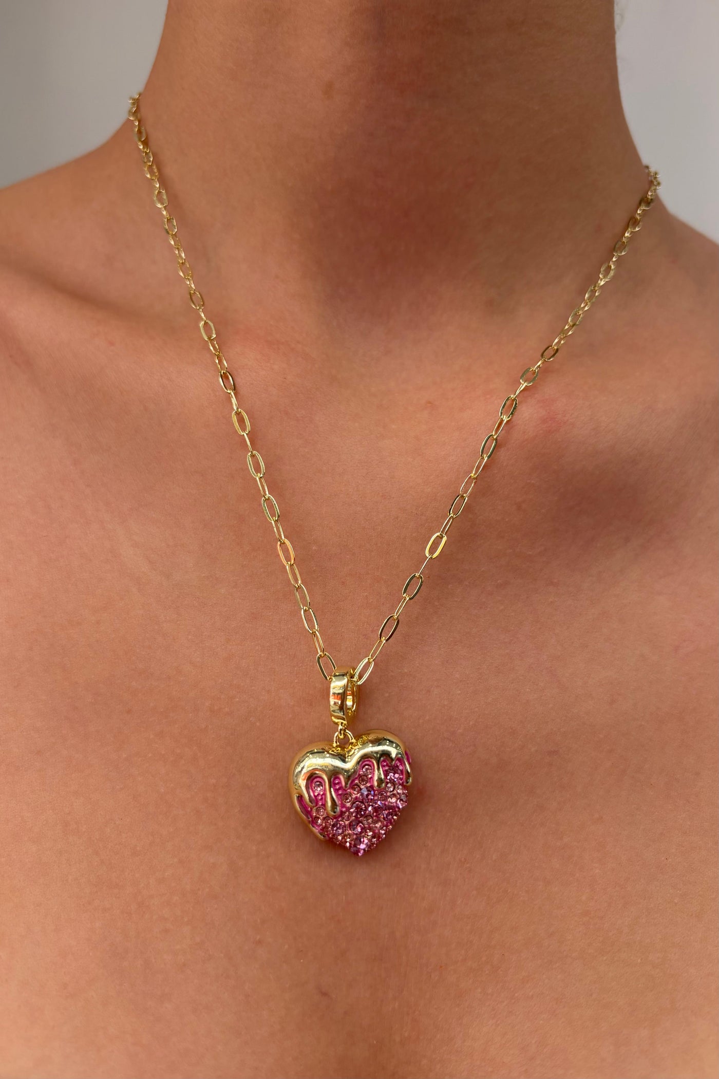 Çelik Lydia Heart Pembe Taşlı Charm Kolye Gold