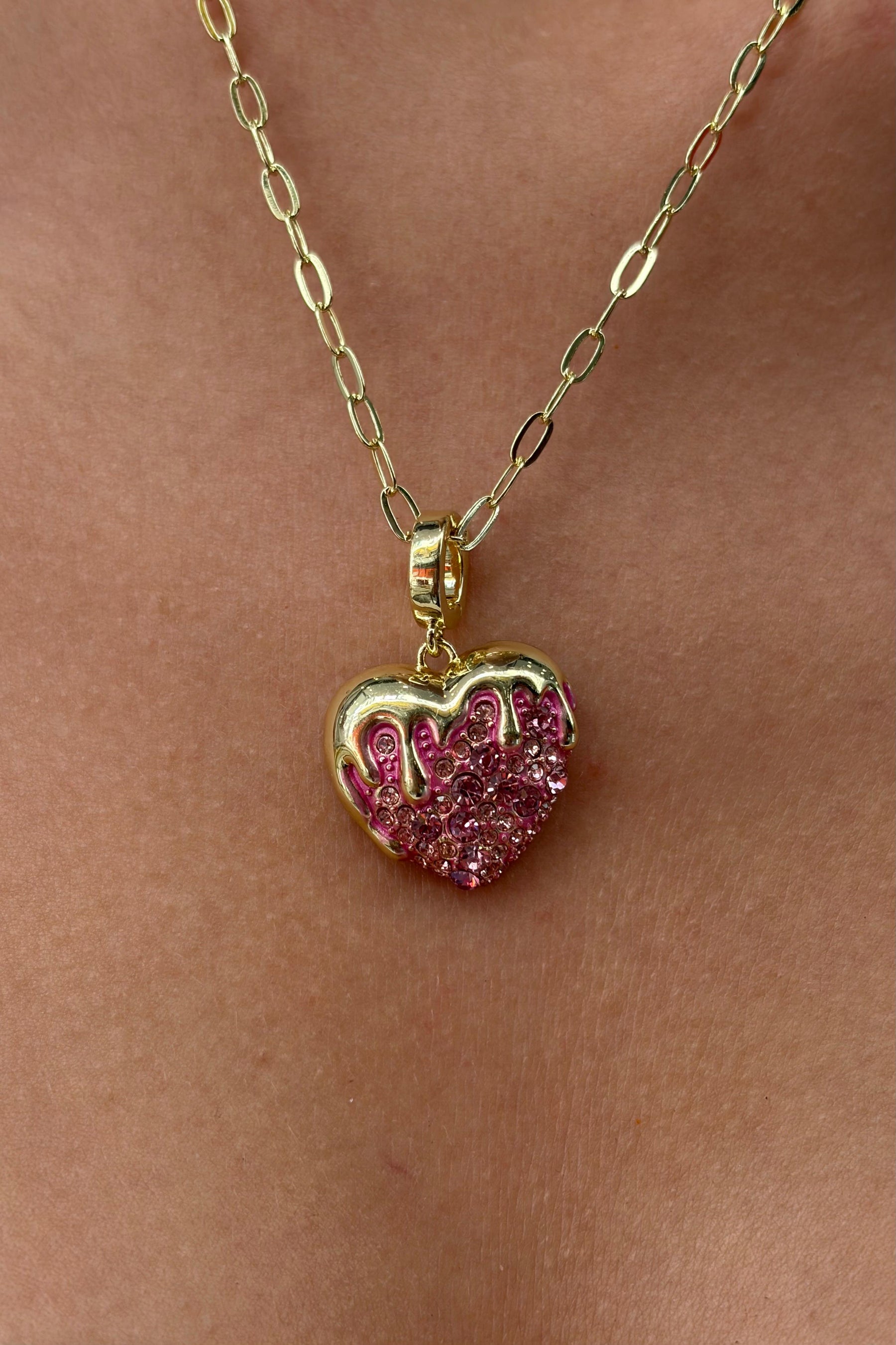 Çelik Lydia Heart Pembe Taşlı Charm Kolye Gold