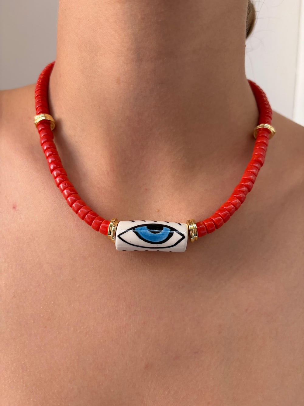 Helenistik Collection Mercan Taşlı Seramik Göz Kolye Kırmızı