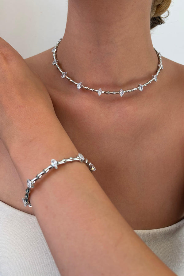 Çelik Özel Seri Markiz Esnek Gümüş Choker ve Bileklik Set