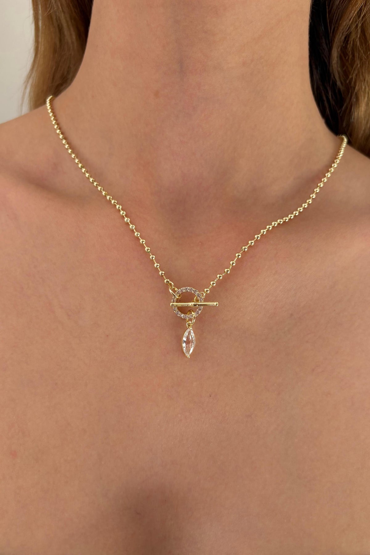 Lumiere Collection Marquise Zirkon Taşlı Çelik Üzeri Altın Kaplama Kolye