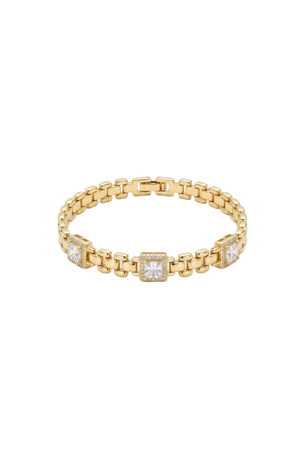Timeless Collection Baget Kesim Zirkon Taşlı Çelik Üzeri Altın Kaplama Link Bileklik