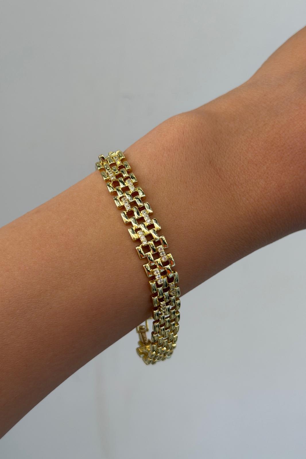 Timeless Collection Zirkon Taşlı Çelik Üzeri Altın Kaplama Örgü Link Bileklik