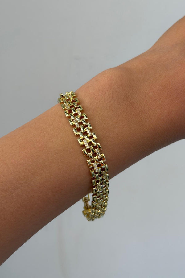 Timeless Collection Zirkon Taşlı Çelik Üzeri Altın Kaplama Örgü Link Bileklik