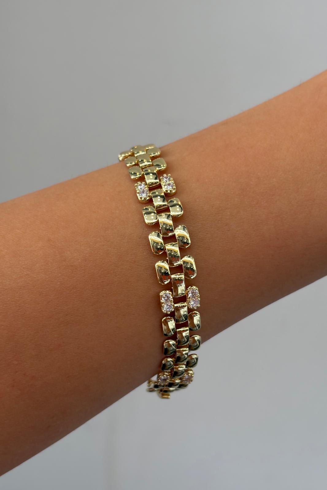 Timeless Collection Çift Zirkon Taşlı Çelik Üzeri Altın Kaplama Link Bileklik