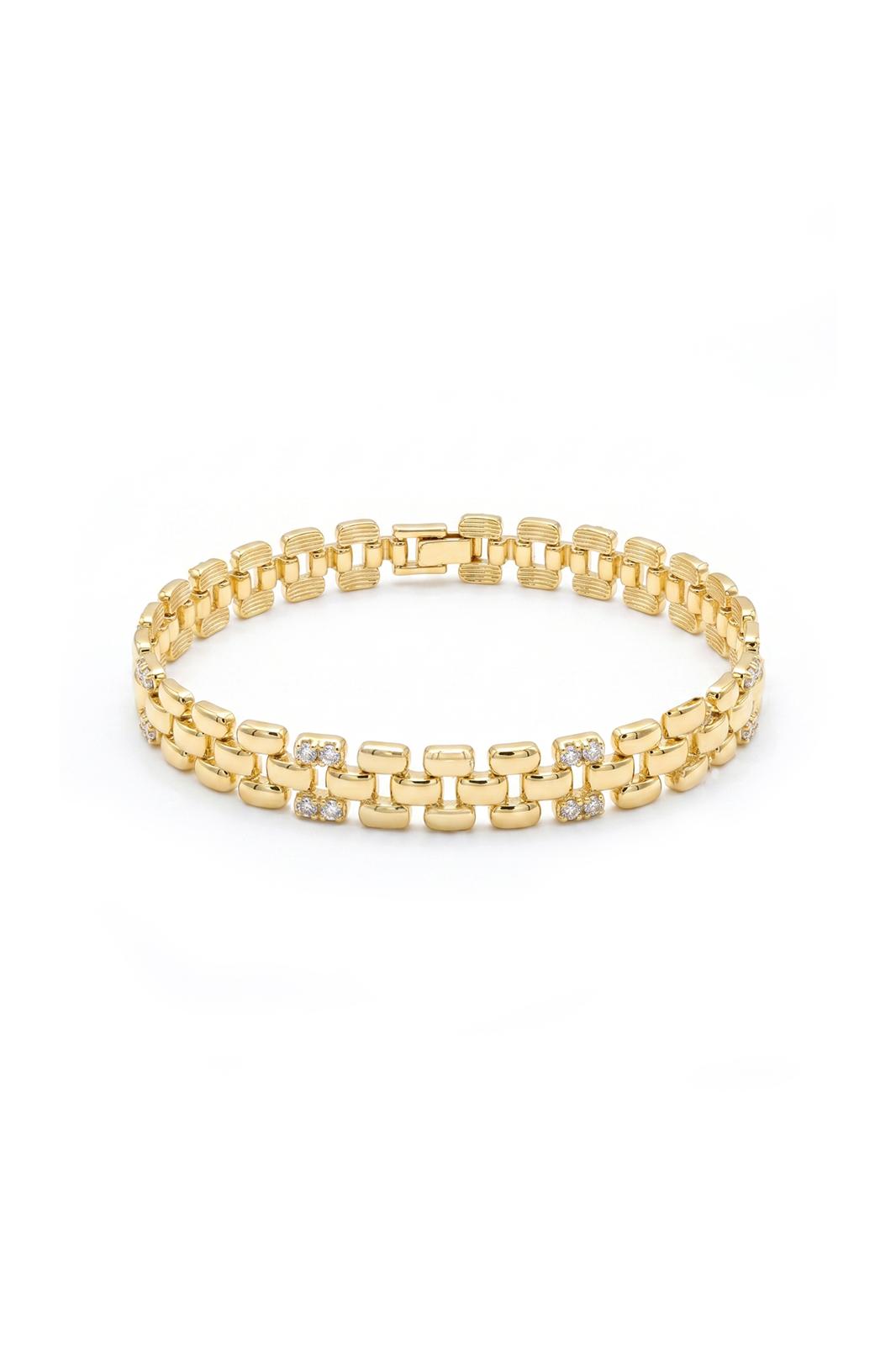 Timeless Collection Çift Zirkon Taşlı Çelik Üzeri Altın Kaplama Link Bileklik