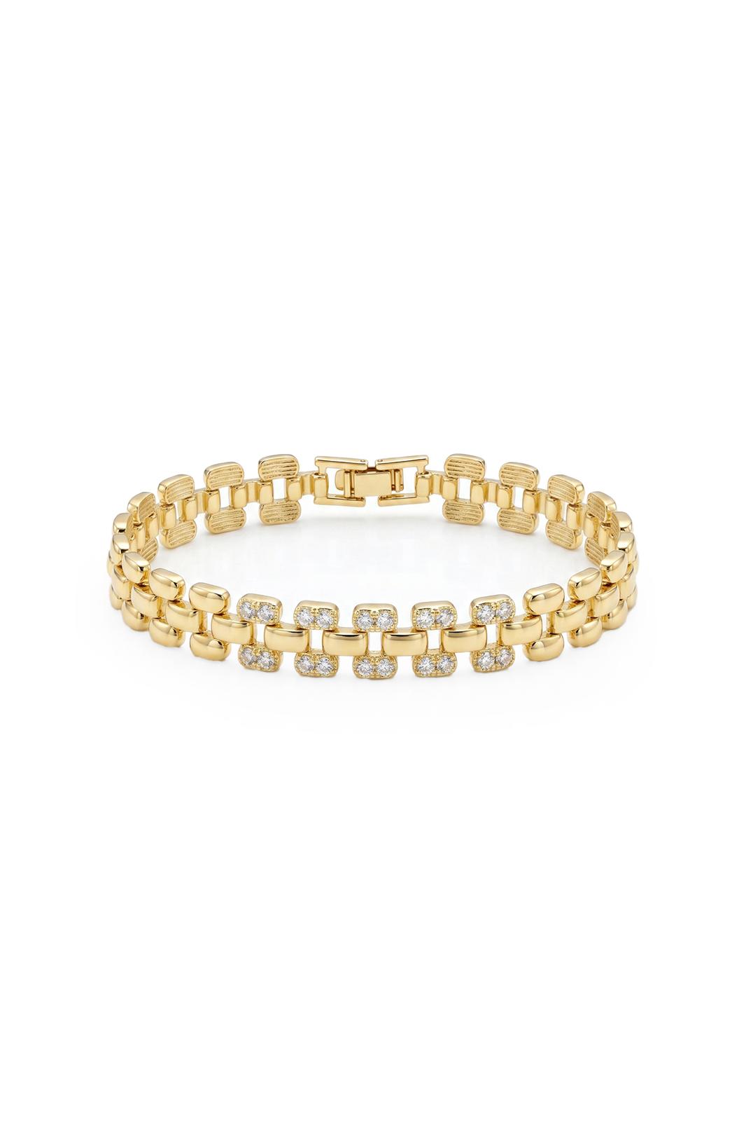 Timeless Collection Çift Sıra Zirkon Taşlı Çelik Üzeri Altın Kaplama Link Bileklik