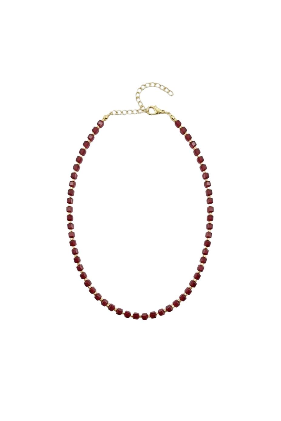 Bijou Collection Mini Kare Taşlı Gold Detaylı Kolye - Bordo