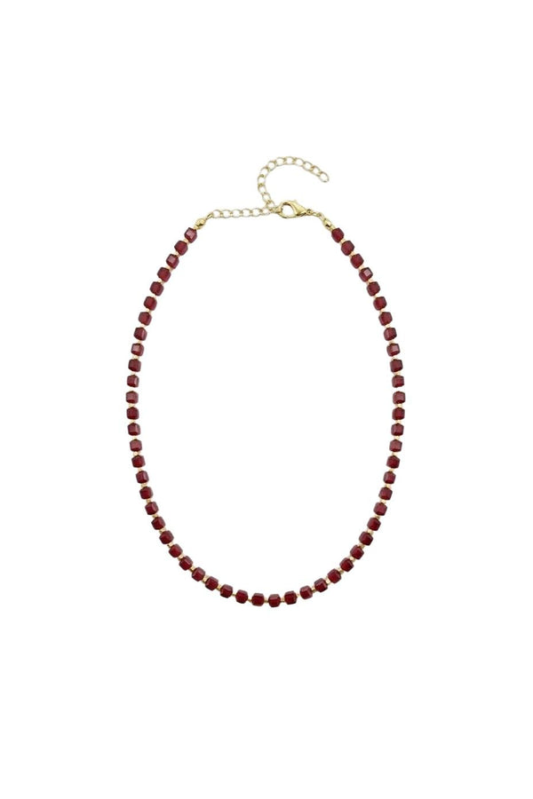 Bijou Collection Mini Kare Taşlı Gold Detaylı Kolye - Bordo